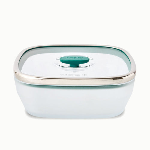 A 10-Cup Glass Square Shallow Dish featuring a rectangular frosted glass base and a clear, vented glass lid with a green silicone seal and silver-colored rim, designed for airtight storage and ideal as microwave cookware.