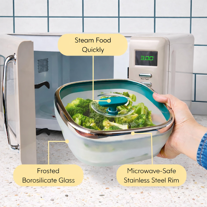 A hand places a glass container from the 8-Piece Glass Square Dish Set—with broccoli and a teal lid—into a microwave. Labels highlight key features: Steam Food Quickly, Frosted Borosilicate Glass, and Microwave-Safe Stainless Steel Rim—making this set ideal for anyone seeking versatile food storage containers or premium frosted glass cookware for easy meal prep.