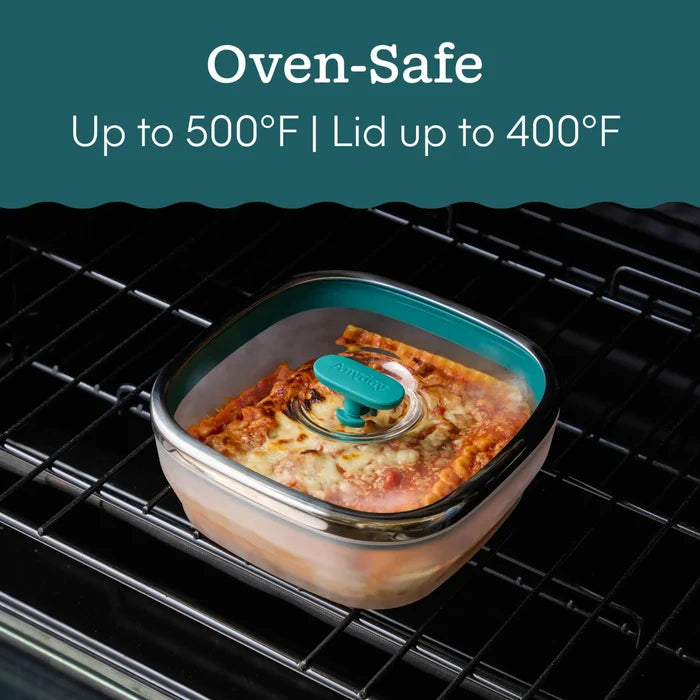 A 10-Cup Glass Square Shallow Dish with lasagna inside the oven, featuring a vented glass lid. Text above reads Oven-Safe Up to 500°F | Lid up to 400°F. Perfect as microwave cookware for versatile kitchen use.