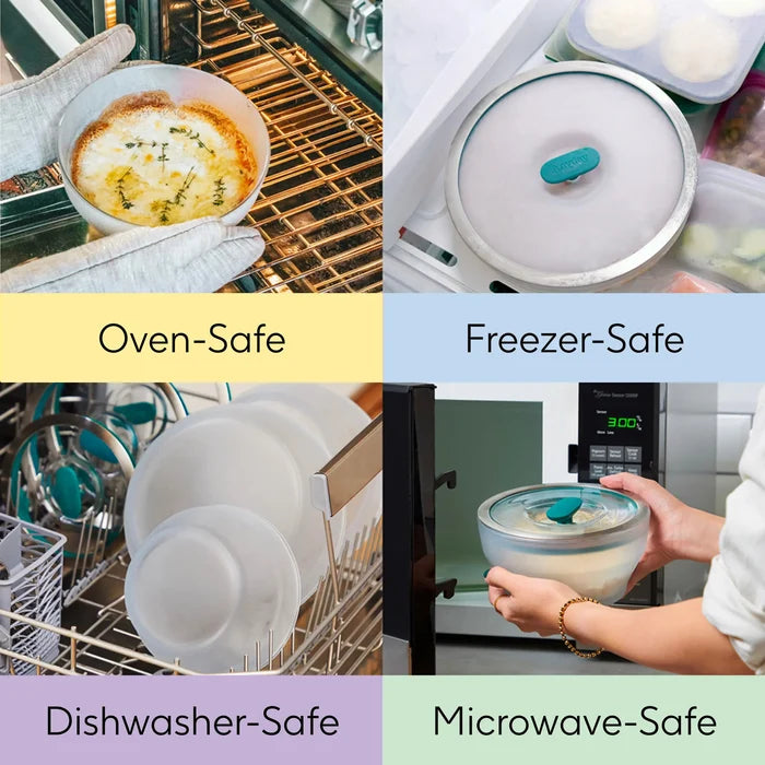 Four images show the 10-Cup Glass Square Shallow Dish with its vented glass lid being used in the oven, freezer, dishwasher, and microwave, demonstrating that it is oven-safe, freezer-safe, dishwasher-safe, and ideal as microwave cookware.