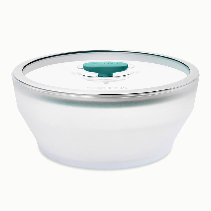 A 12-Cup Glass Round Deep Dish with a frosted finish, transparent lid, and teal center knob, ideal for meal-prepping or storing batch soups, displayed on a white background.