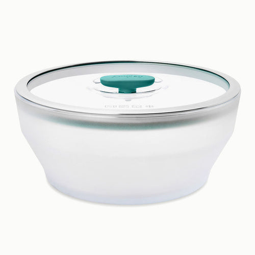 A 12-Cup Glass Round Deep Dish with a frosted finish, transparent lid, and teal center knob, ideal for meal-prepping or storing batch soups, displayed on a white background.