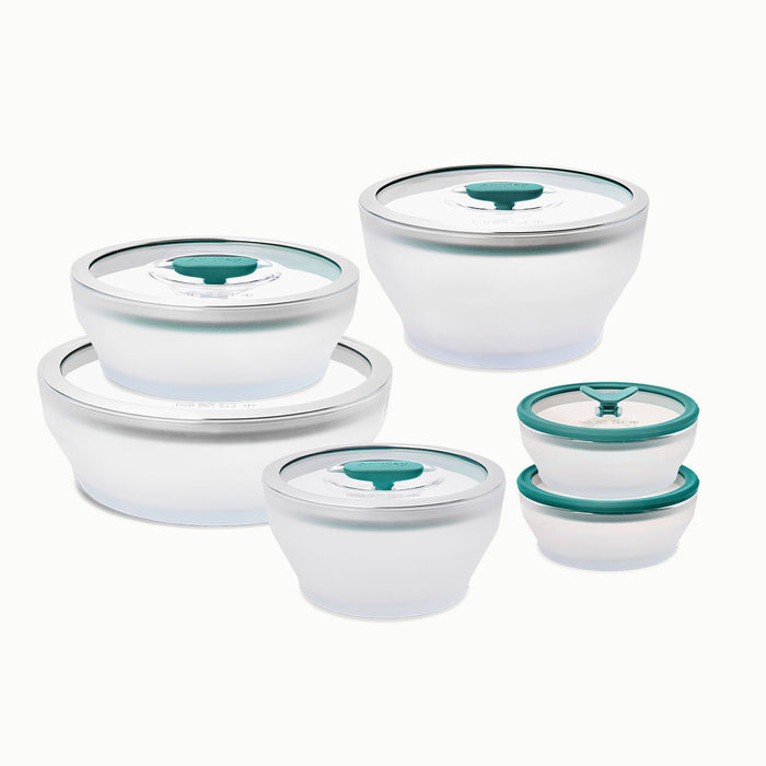 A set of the 12-Piece Glass Round Dish Set, featuring clear, round food storage containers with white bases and green-accented lids in assorted sizes, arranged on a white background.