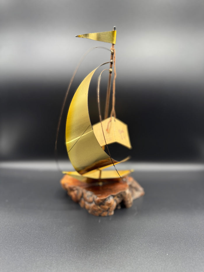 1981 Brass & Burlwood Sailboat Statue