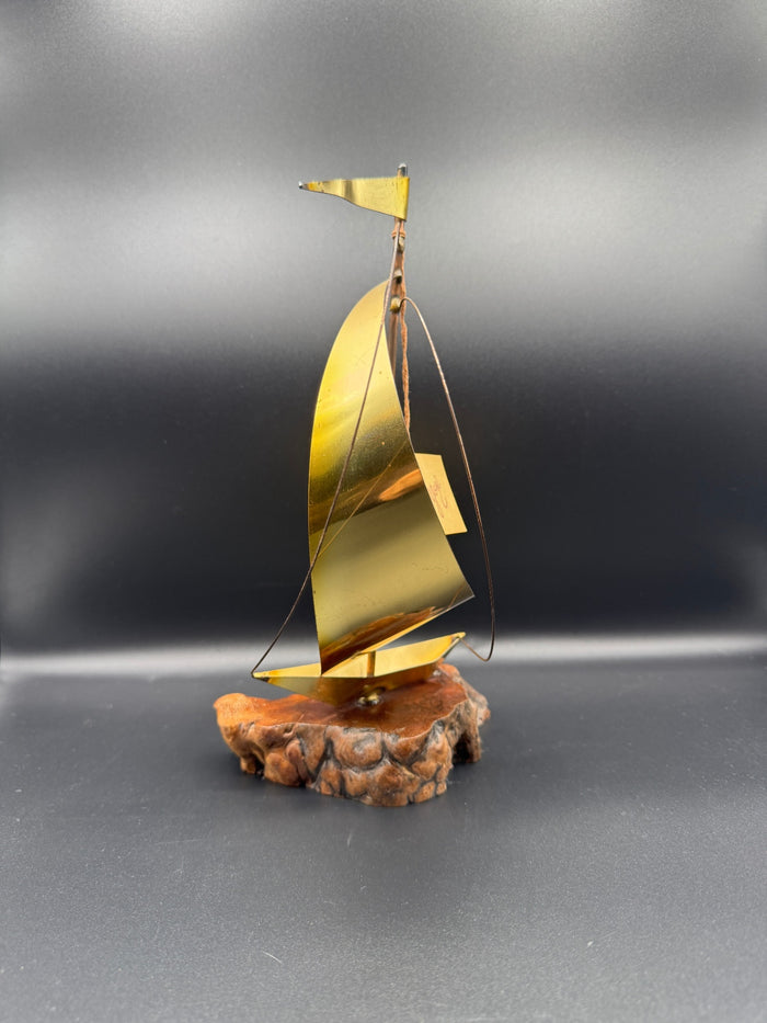 1981 Brass & Burlwood Sailboat Statue