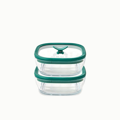 Two 2.5-Cup Glass Square Dishes are stacked on top of each other against a white background, each featuring a green airtight lid for nontoxic food storage and safe reheating—no plastic dishes required.