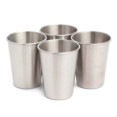 A set of four 350ml stainless steel cups arranged on a surface.