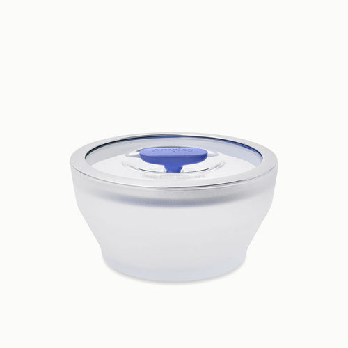 The 4-Cup Glass Round Deep Dish, featuring a frosted translucent bowl with a clear lid and a blue airtight seal at the center—ideal for microwave leftovers or reheating—is displayed on a white background.