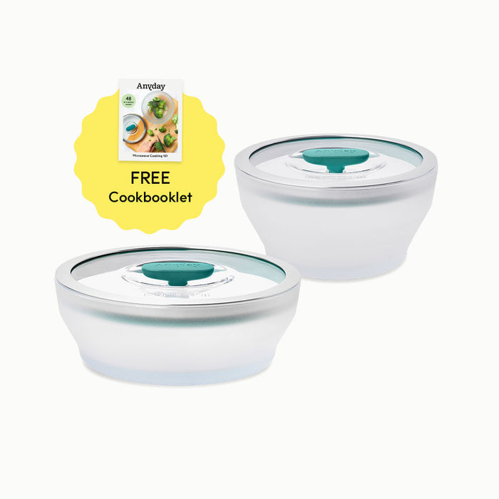 The 4-Piece Glass Round Dish Set + Cookbooklet Bundle features two frosted glass bowls with green lids, designed for microwave safety, and comes with a yellow starburst-shaped badge highlighting a free cookbooklet that displays an image of food on its cover.