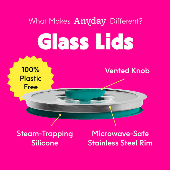 A bright pink background highlights the 4-Piece Glass Round Dish Set + Cookbooklet Bundle’s 100% plastic-free microwave-safe glass lids, featuring round designs with teal vented knobs, steam-trapping silicone, and stainless steel rims—perfect for safely covering your glass dishes or lids while reheating food in the microwave.