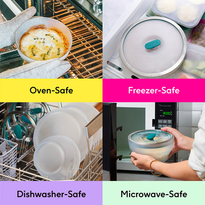 Four images display the 4-Piece Glass Round Dish Set + Cookbooklet Bundle being used in the oven, freezer, dishwasher, and microwave—each image labeled Oven-Safe, Freezer-Safe, Dishwasher-Safe, and Microwave-Safe—to showcase the set’s versatility. The microwave-safe design and secure lids make these glass dishes ideal for convenient cooking and storage.