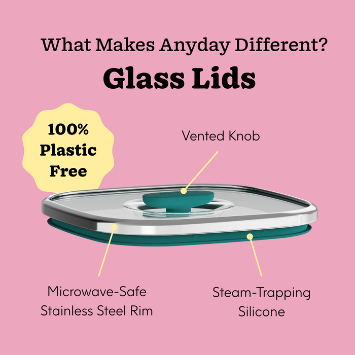 The 8-Piece Glass Square Dish Set features square frosted glass cookware lids with teal vented knobs, stainless steel rims, and silicone gaskets. These lids are labeled as 100% plastic-free, microwave-safe for use with microwave cookware or food storage containers, and designed to trap steam—all showcased on a pink background.