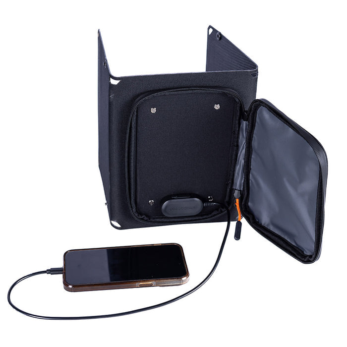 Solar panel with connected pouch plugged into phone