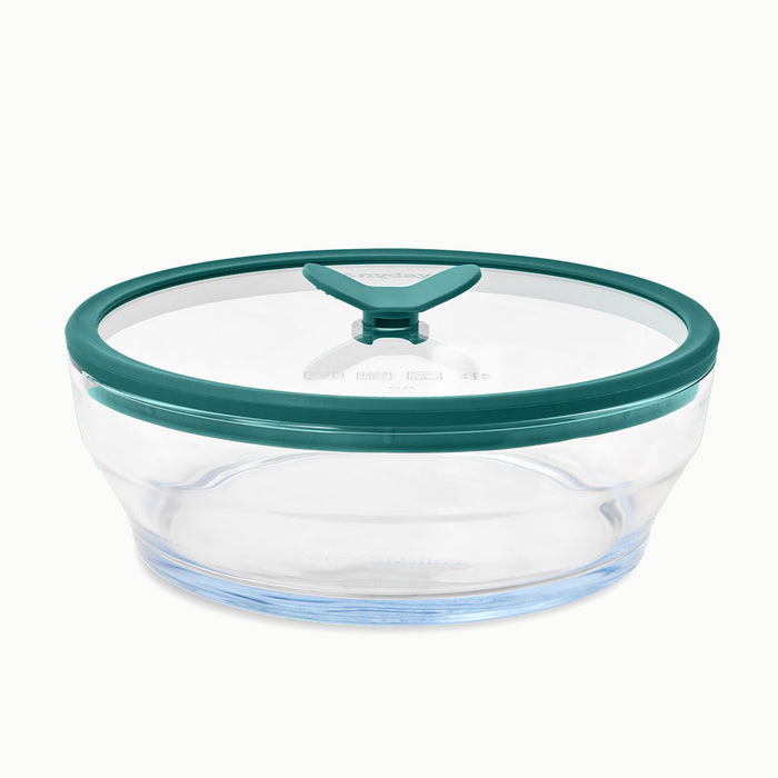 The 7-Cup Glass Round Shallow Dish is a clear, round glass food storage container with a teal plastic lid that features a vent in the center—ideal for reheating leftovers or steaming asparagus in the microwave.