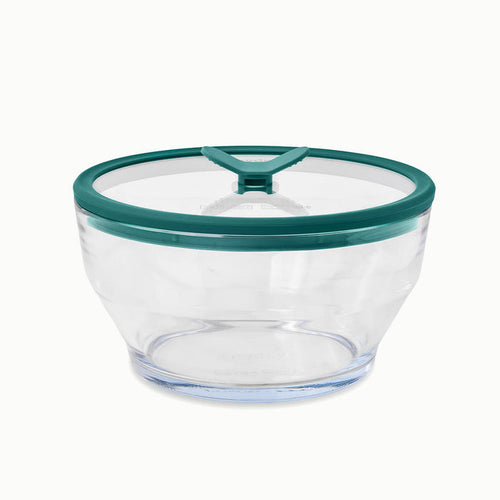 8-Cup Glass Round Deep Dish with a clear glass bowl, a green-rimmed transparent lid, and a triangular green handle on top—perfect for reheating leftovers or steaming rice—displayed on a white background.