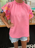 Pink Flutter Sleeve Embroidered Top