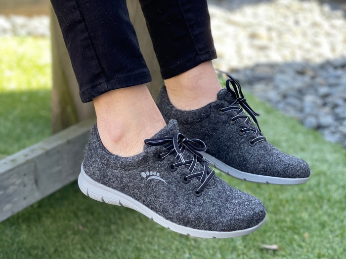Aco Comfort Aicha black felt uppers sneakers with elastic laces, comfortable European shoes with removable insoles/inners. Slip on shoes.