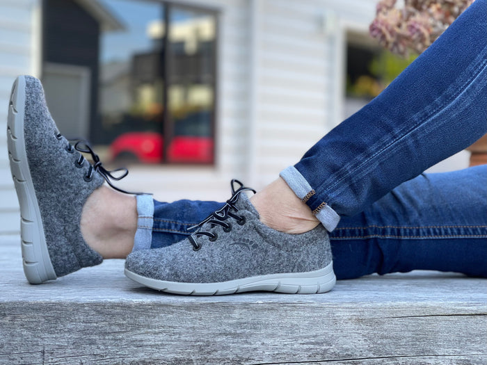 Aco Comfort Aicha grey felt uppers sneakers with elastic laces, comfortable European shoes with removable insoles/inners. Slip on shoes.