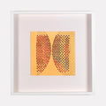 The artwork 'Aiton' by Margaret Griffith features two symmetrical wing-like shapes composed of small red and gray dots on a warm yellow background. The dotted pattern creates a delicate, pointillist effect within a square composition. The piece, created with acrylic on cut paper, is displayed in a clean white frame, showcasing a modern, minimalist aesthetic.