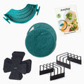 The Anyday Accessory Bundle features a green colander, green silicone mats, a microwave cooking booklet, black felt pads, and two black metal rack organizers—all essential storage accessories—neatly arranged on a white background.