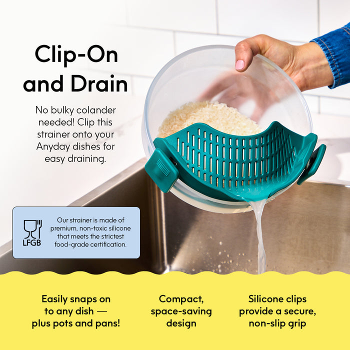 A person clips a teal silicone strainer from the Anyday Accessory Bundle onto a bowl to drain rice water into the sink. Ideal for Anyday dishes and microwave cooking, this strainer boasts a secure grip, easy snap-on function, and compact design.