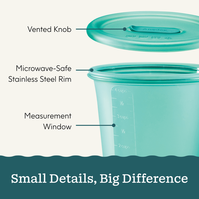 Anydeli Mixed Set, 6-Pack food containers in teal feature a vented knob on the lid, a microwave-safe stainless steel rim, and a measurement window on the side. Crafted from durable platinum silicone for reliable, reusable food storage. Text below reads: Small Details, Big Difference.