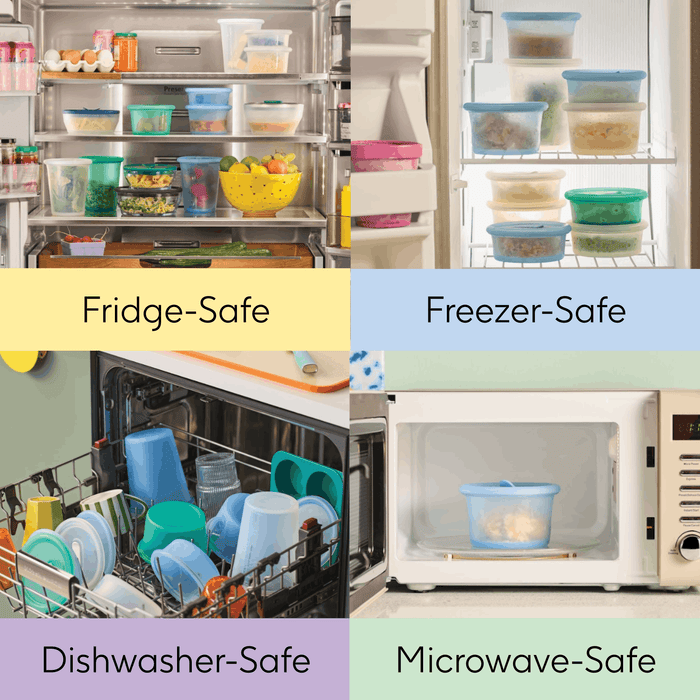 Four images display the Anydeli Mixed Set, 6-Pack of reusable platinum silicone containers being used in a fridge, freezer, dishwasher, and microwave. Each image is labeled with Fridge-Safe, Freezer-Safe, Dishwasher-Safe, or Microwave-Safe on pastel backgrounds—making them perfect for convenient food storage.