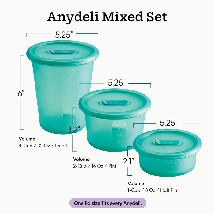Three teal plastic food storage containers in varying heights, each topped with a matching 5.25-inch lid, are clearly marked with their volumes: 32 oz (6 cups), 16 oz (3.2 cups), and 8 oz (2.1 cups). Designed for convenience and sustainability, the reusable Anydeli Mixed Set, 6-Pack keeps your items fresh and organized. Caption: One lid size fits every Anydeli.