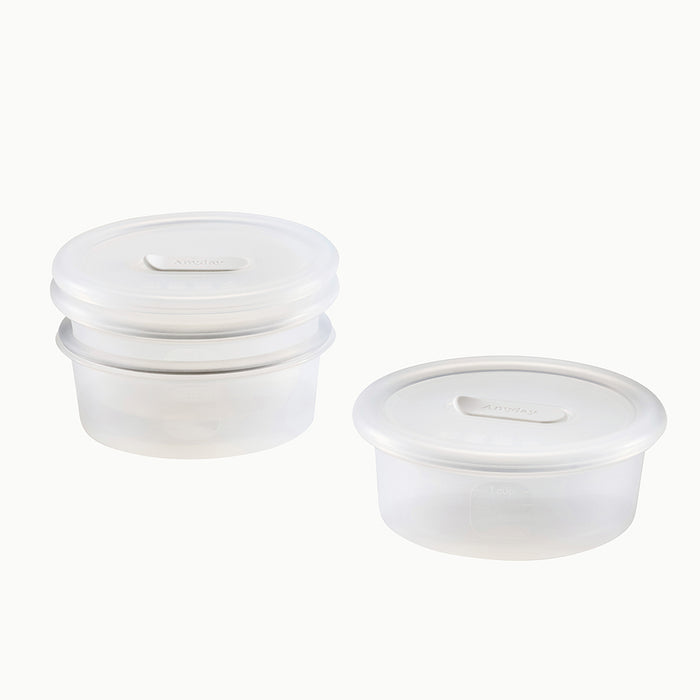 Three Anydeli Multipack, 3-Pack round clear reusable food storage containers with matching white lids are displayed on a plain white background. Two of the containers are stacked together, while the third is placed separately to the right.