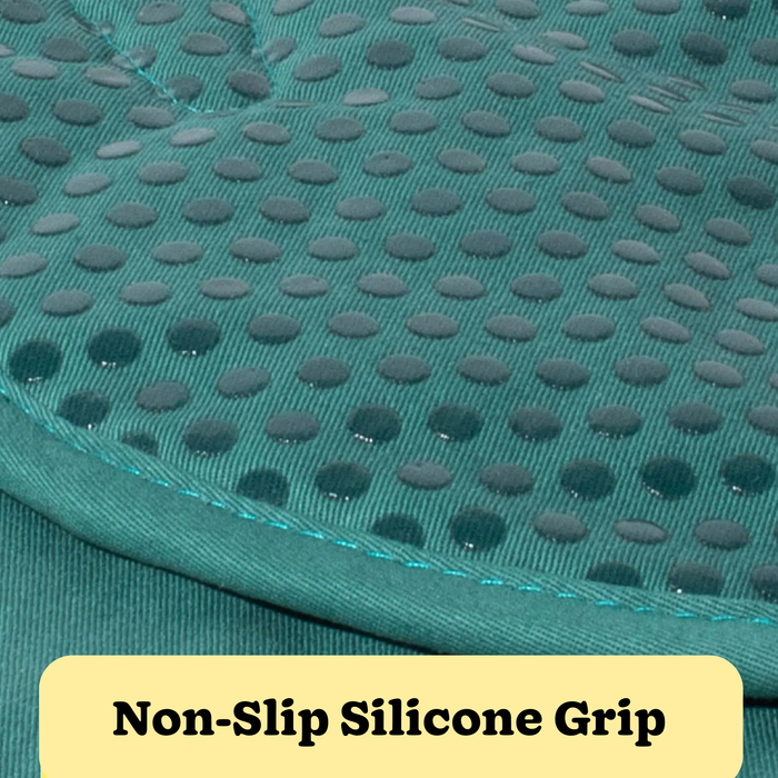 Close-up of a teal fabric surface featuring raised, rounded silicone dots for superior grip. The Anyhand Mitts are ideal as heat-resistant trivets and designed to comfortably fit any hand. A yellow label at the bottom reads, Non-Slip Silicone Grip.