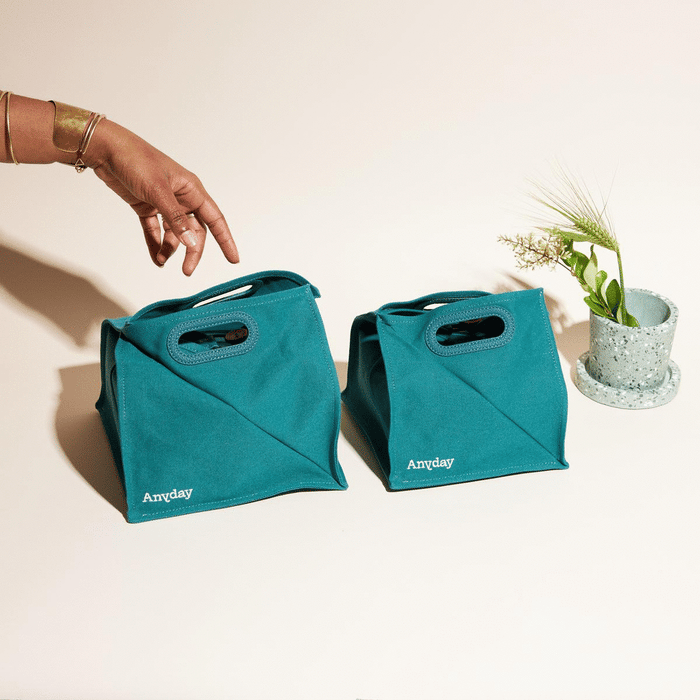 A hand reaches toward two teal, fabric Anywhere Bags—the perfect portable food container for busy days. Nearby is a small green plant in a speckled, light blue pot on a neutral background.
