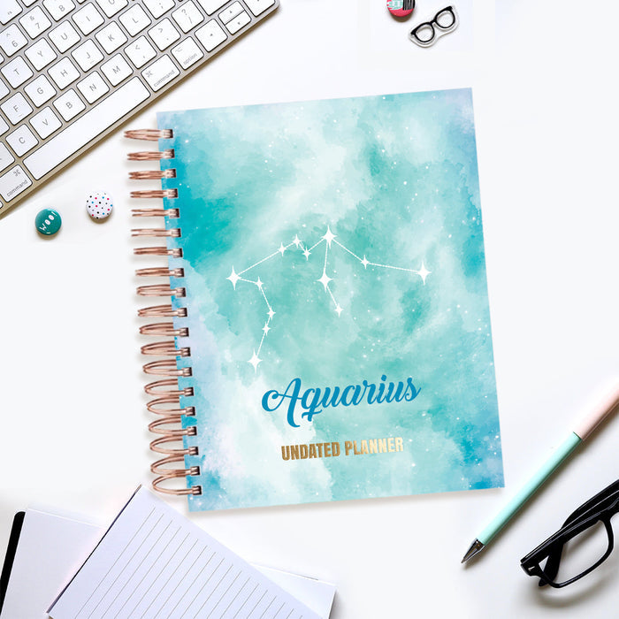 Undated Yearly Planner - Aquarius (2023 Collection) + Ultimate Sticker Book Undated Planners June Trading