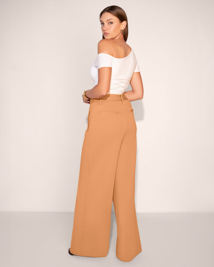 Model wears Belted Wide Leg Ponte Pant - Camel full body back view