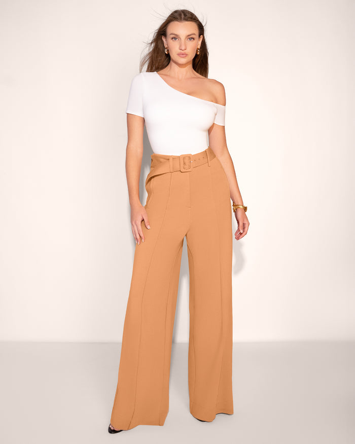 Model posing in Belted Wide Leg Ponte Pant - Camel front view full body
