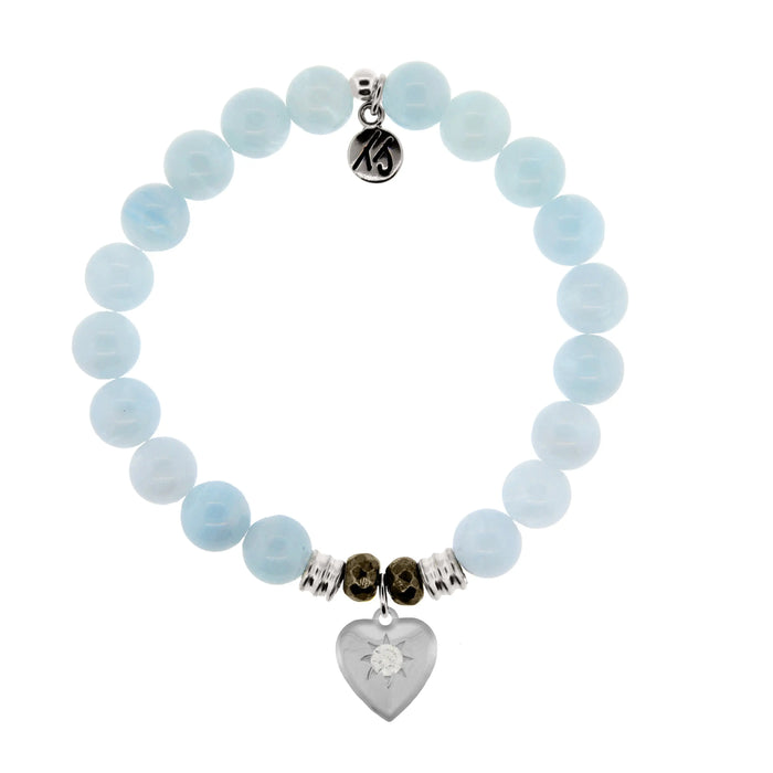 Blue Aquamarine Stone Bracelet with Self Love Sterling Silver Charm