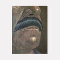 The artwork 'Carlos' by Anastasia Korsakova features an abstract oil painting in dark, moody tones. The composition shows curved, organic shapes in shades of deep brown and slate blue against a shadowy background. The brushwork creates a textured, sculptural effect with distinctive highlights and shadows, measuring 36 x 48 inches in oil paint on canvas.