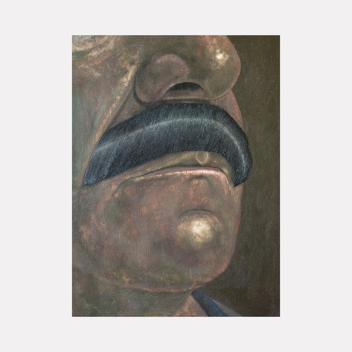 The artwork 'Carlos' by Anastasia Korsakova features an abstract oil painting in dark, moody tones. The composition shows curved, organic shapes in shades of deep brown and slate blue against a shadowy background. The brushwork creates a textured, sculptural effect with distinctive highlights and shadows, measuring 36 x 48 inches in oil paint on canvas.