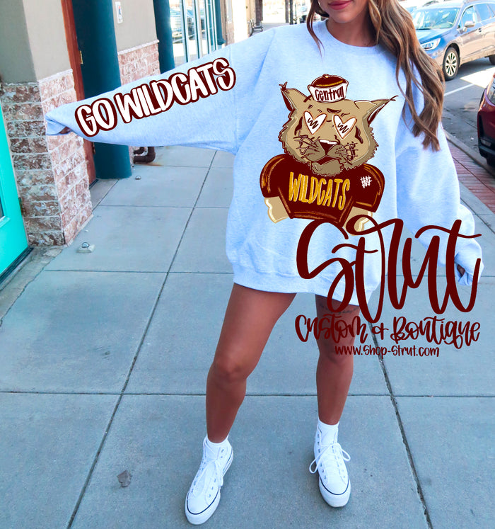 Central Wildcats Front & sleeve Preppy Mascot Longsleeve or Sweatshirt