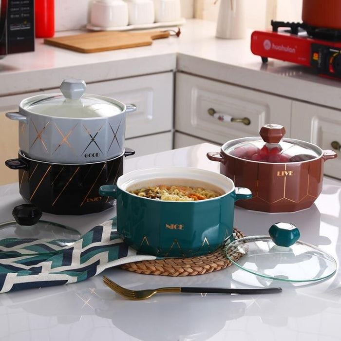 Classy Gold Design Ceramic Casserole with Lid Casserole June Trading