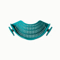 The Clip-on Strainer is a turquoise plastic strainer featuring slotted holes and two adjustable side clips that easily attach to pots or pans for convenient draining—a perfect alternative to a traditional colander, making every meal an Anyday dish.