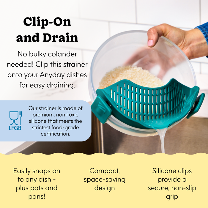 Using the Clip-on Strainer, a person effortlessly drains water from rice in a pot over the sink. Its green silicone design ensures an easy and secure fit, while its food-grade, non-toxic material and compact size make it a perfect alternative to bulky colanders.