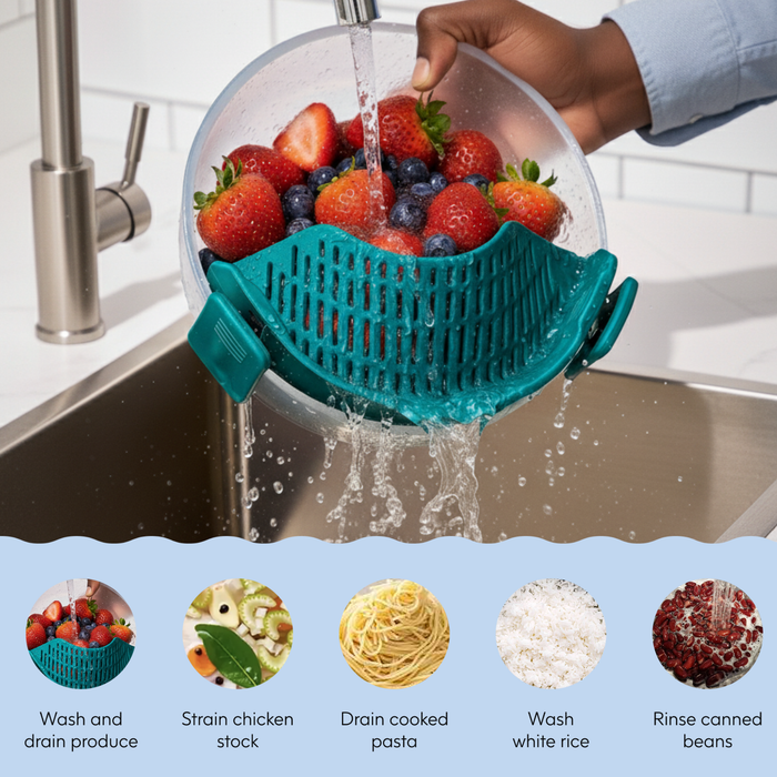 Using the Clip-on Strainer, a person rinses strawberries and blueberries under a kitchen faucet. Icon images below demonstrate its versatility for washing produce, straining stock, draining pasta, washing rice, and rinsing beans.