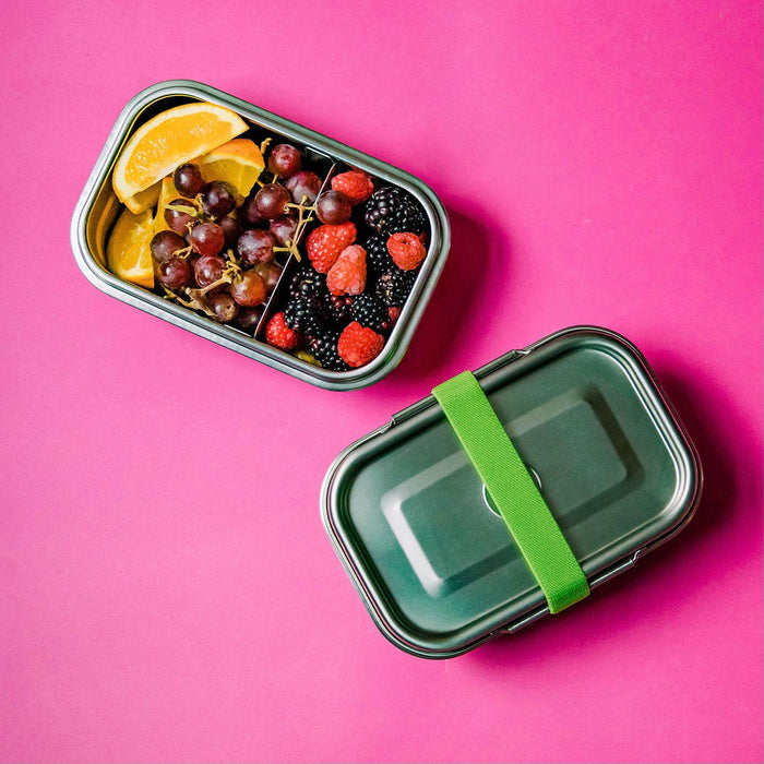 two small rectangular stainless steel lunchboxes with leakproof clip closure, featuring a green band filled with summer fruits.