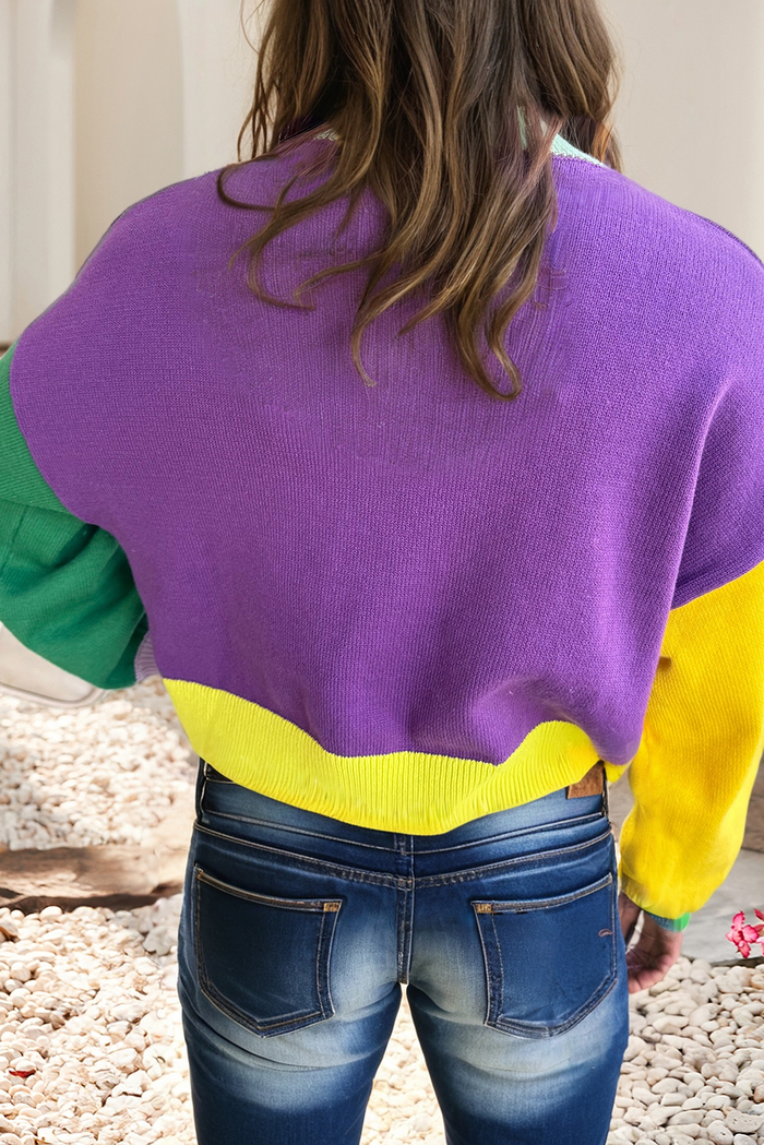 Colorblock Fuzzy Mardi Gras Sweater
