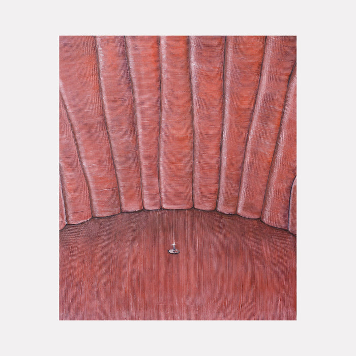 The artwork 'Comfort Zone' by Anastasia Korsakova features a textured oil painting depicting vertical curved lines in dusty rose pink tones, resembling velvet upholstery or cushioned panels. A single metallic detail sits centered at the bottom, creating a subtle focal point against the plush, textural background. The composition suggests a close-up view of vintage furniture or architectural detail.