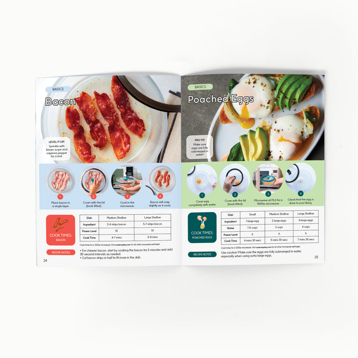 The Cookbooklet is open, displaying bacon and poached eggs recipes with step-by-step photos and helpful cooking tips—ideal for preparing quick meals. Each page of the Cookbooklet features images of finished dishes, process photos, ingredient lists, and cooking times set against a white background.