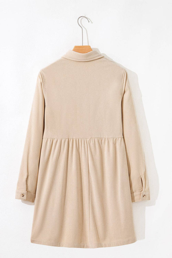 Corduroy Half Button Collared Long Sleeve Mini Dress