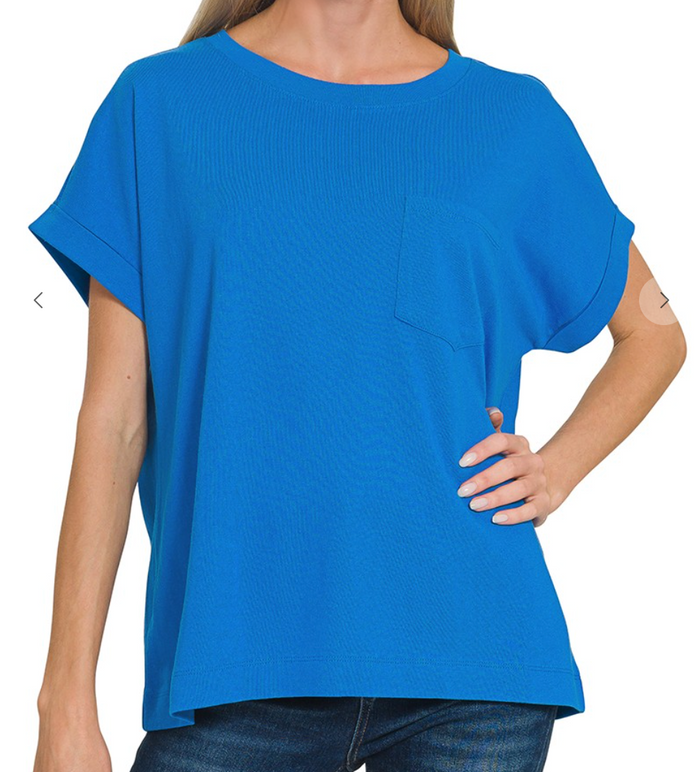 Cuffed Front Pocket Short Sleeve Tee - Ocean Blue