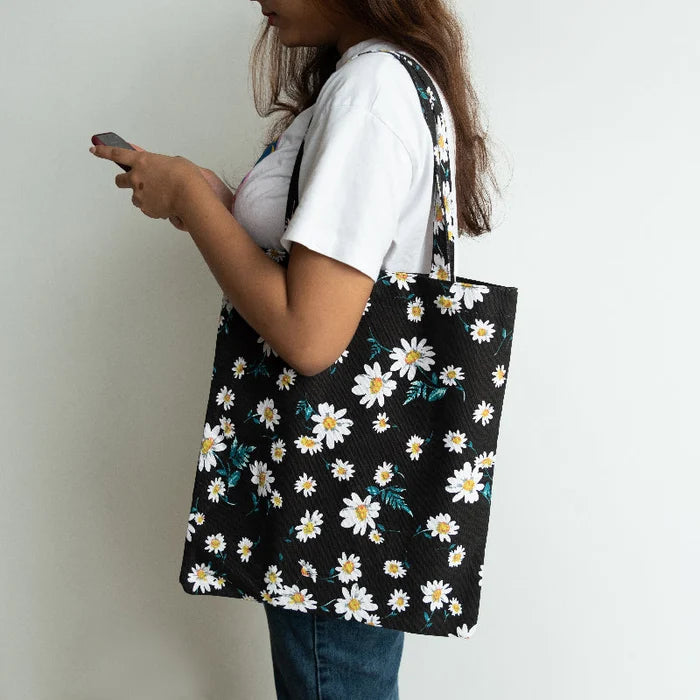 Dainty Daisies Black Tote Bag Tote Bag ERL