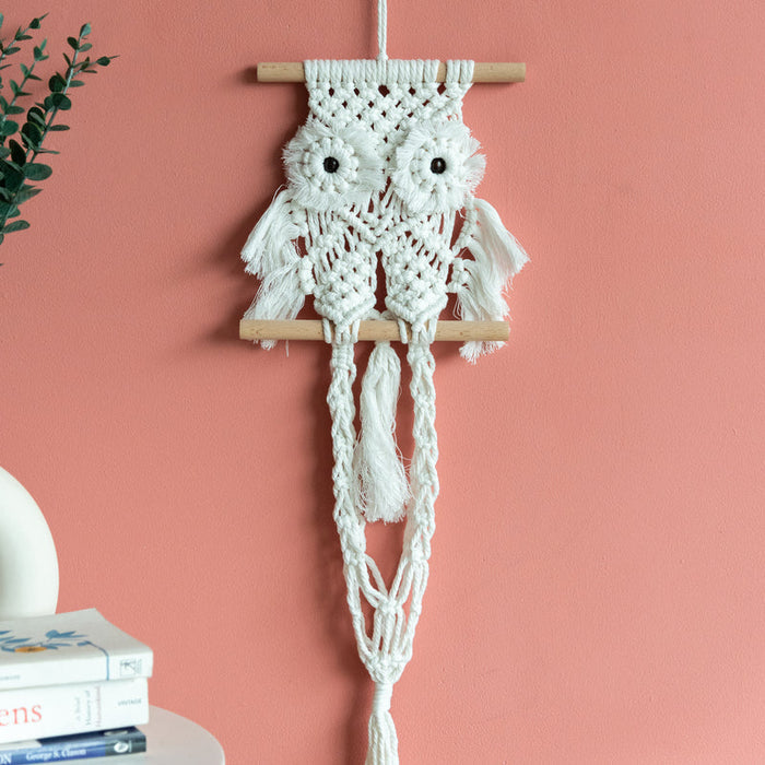 Decorative Owl Macrame Handmade Wall Hanging With Fairy Lights (Planter not included) Macrame June Trading
